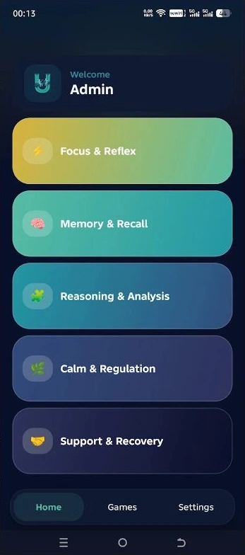 The Unhackables Game Android app showing focus, memory and calm activity categories